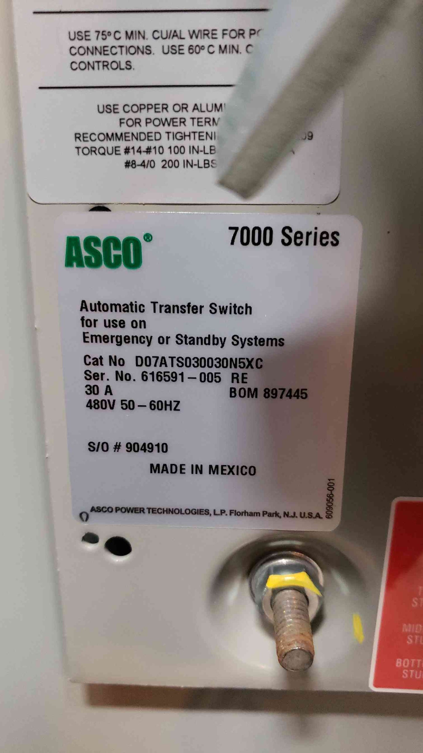 ASCO 7000 Series 30A 480v ATS D07ATS030030N5XC (SKU: 13988AA)(13988AA)