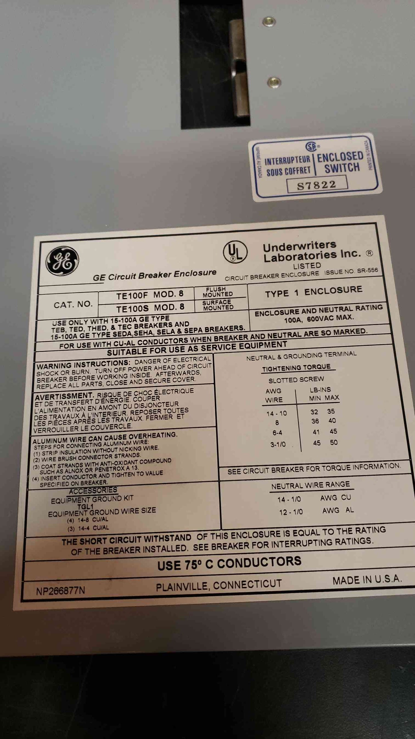 GE 100A Circuit Breaker in Enclosure 600VAC Max TED134100WL (SKU: 13984AA)(13984AA)