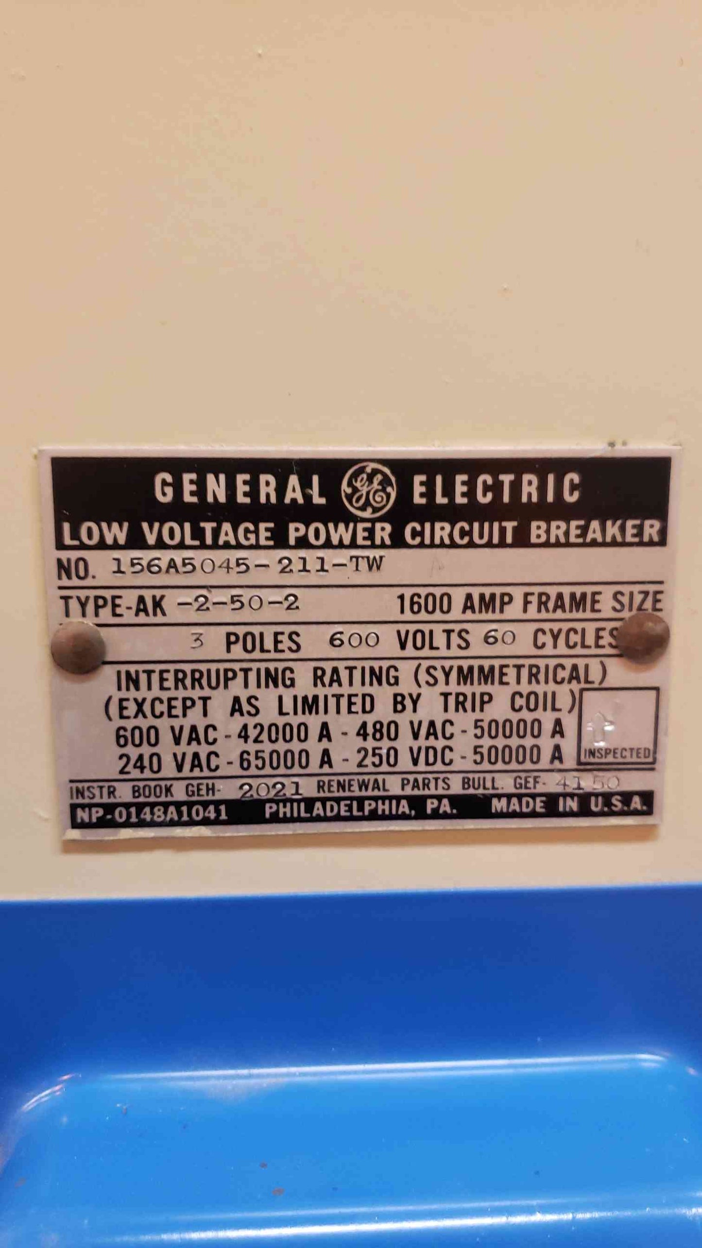 1600A GE Low Voltage Power Circuit Breaker 600V AK2502 (SKU:14990AA)(14990AA)
