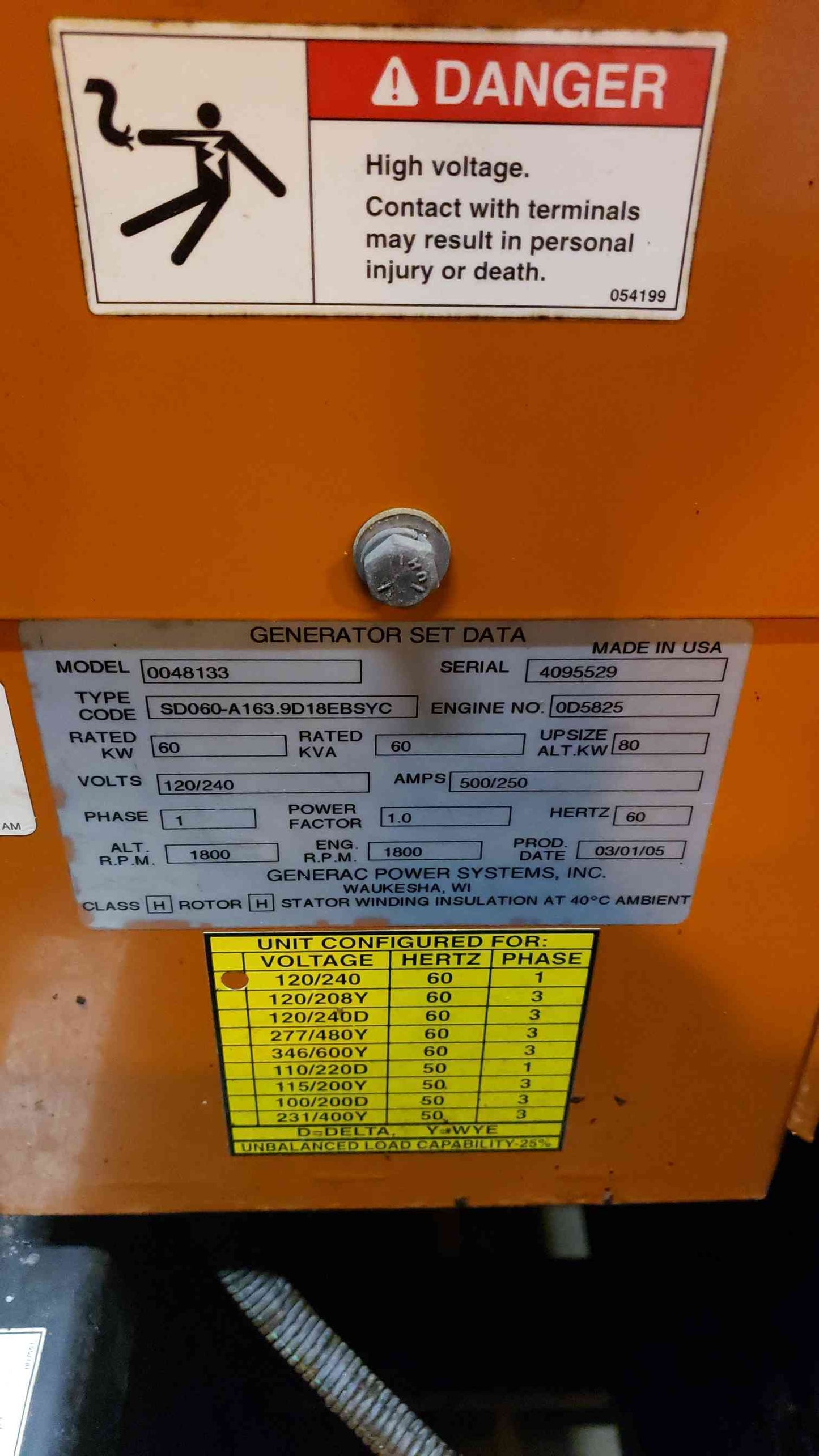 60KW Generac Generator 1PH 4D34-T Diesel 105Hrs TESTED(103128)