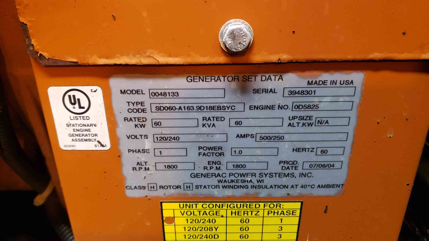 60KW Generac Diesel Generator 1PH TESTED - SEE DESCRIPTION(103132)