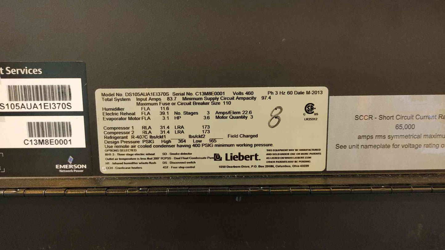 30 Ton Liebert Vertiv 460V DS105A UA1EI370S 3PH CRAC Downflow 407C (SKU:103163)(103163)