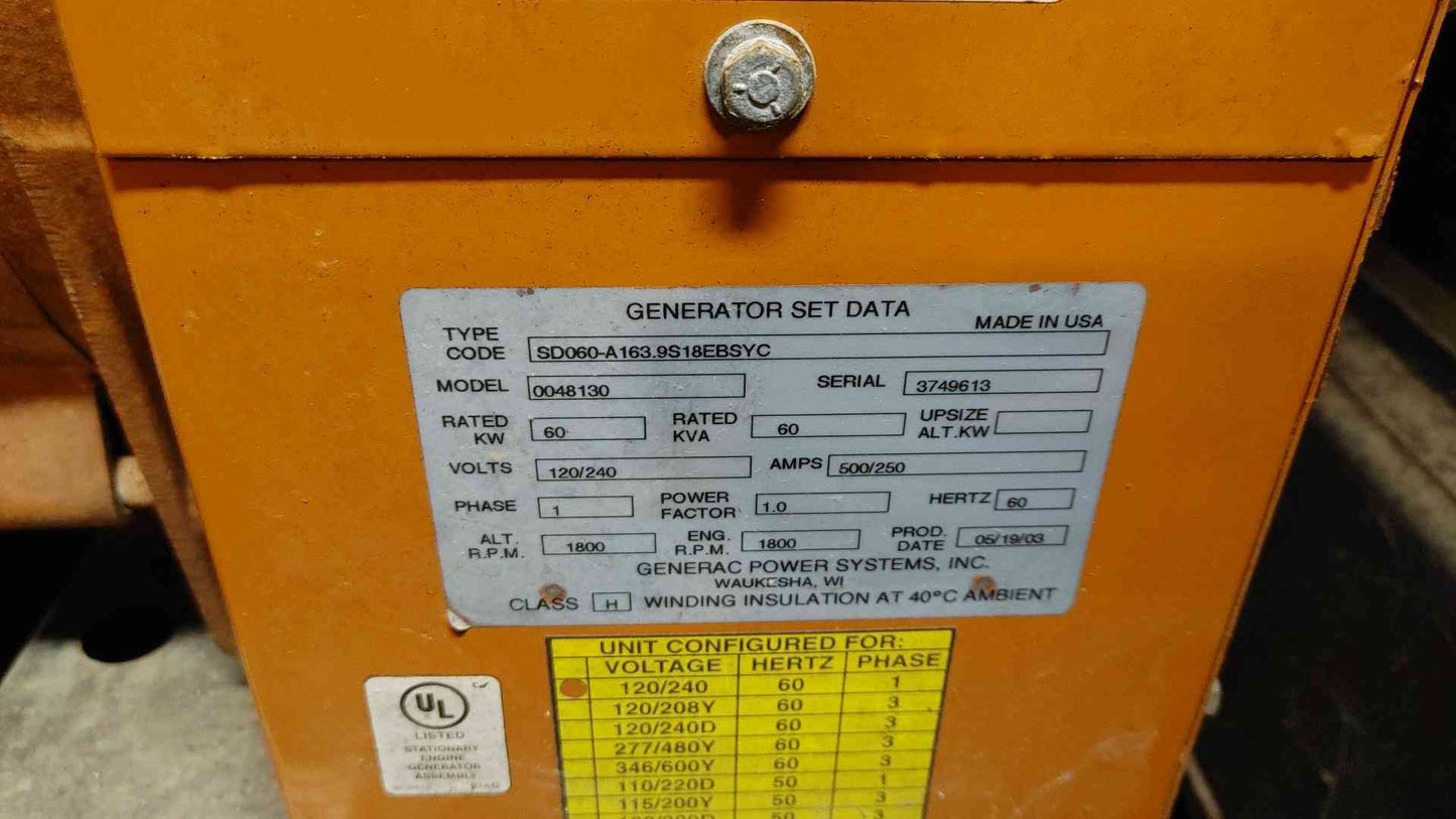 60KW Generac Diesel Generator 1PH AS-IS Not Working(103183)
