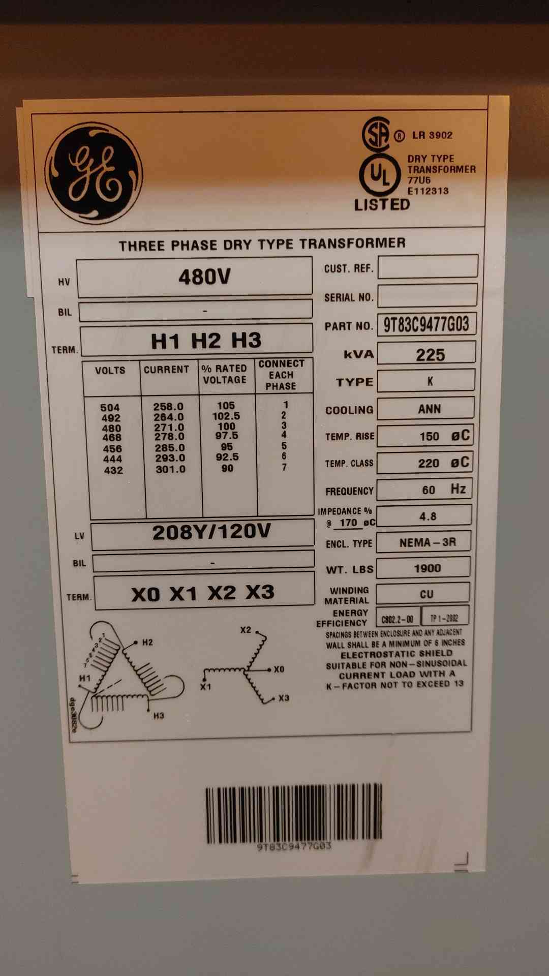 225KVA GE 480V x 208/120v 3Ph  Dry Type Transformer