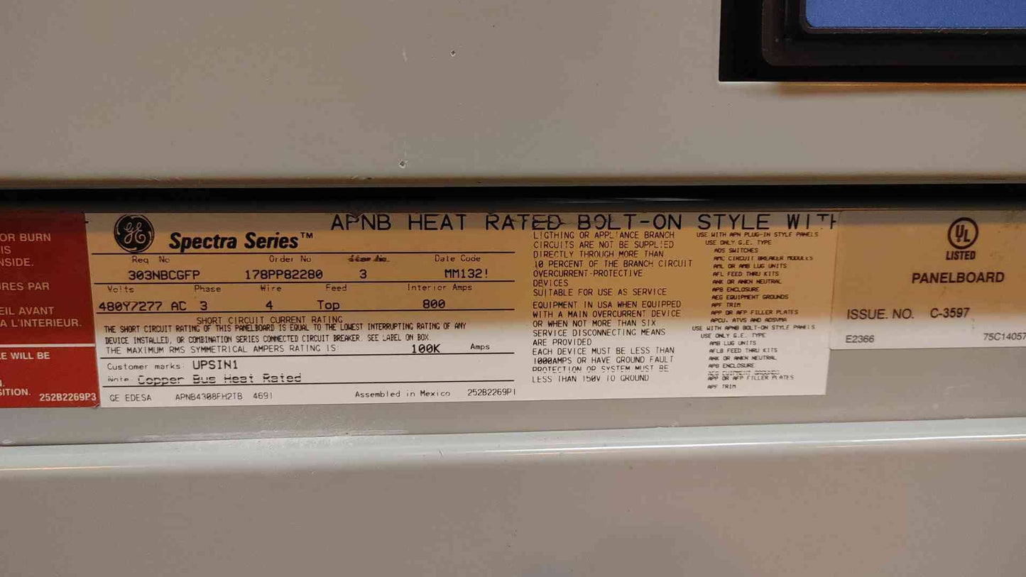 800A GE Spectra Panelboard 480Y/277 3PH 4W 4 Breaker & Surge Suppression (103666)