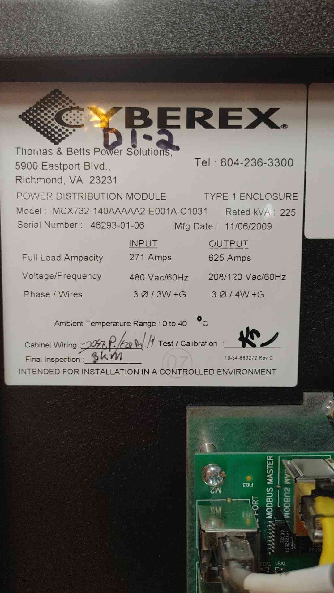 Cyberex Power Distribution Module 225KVA 480VAC 3PH 4W MCX732-140AAAAA2-E001A-C1031