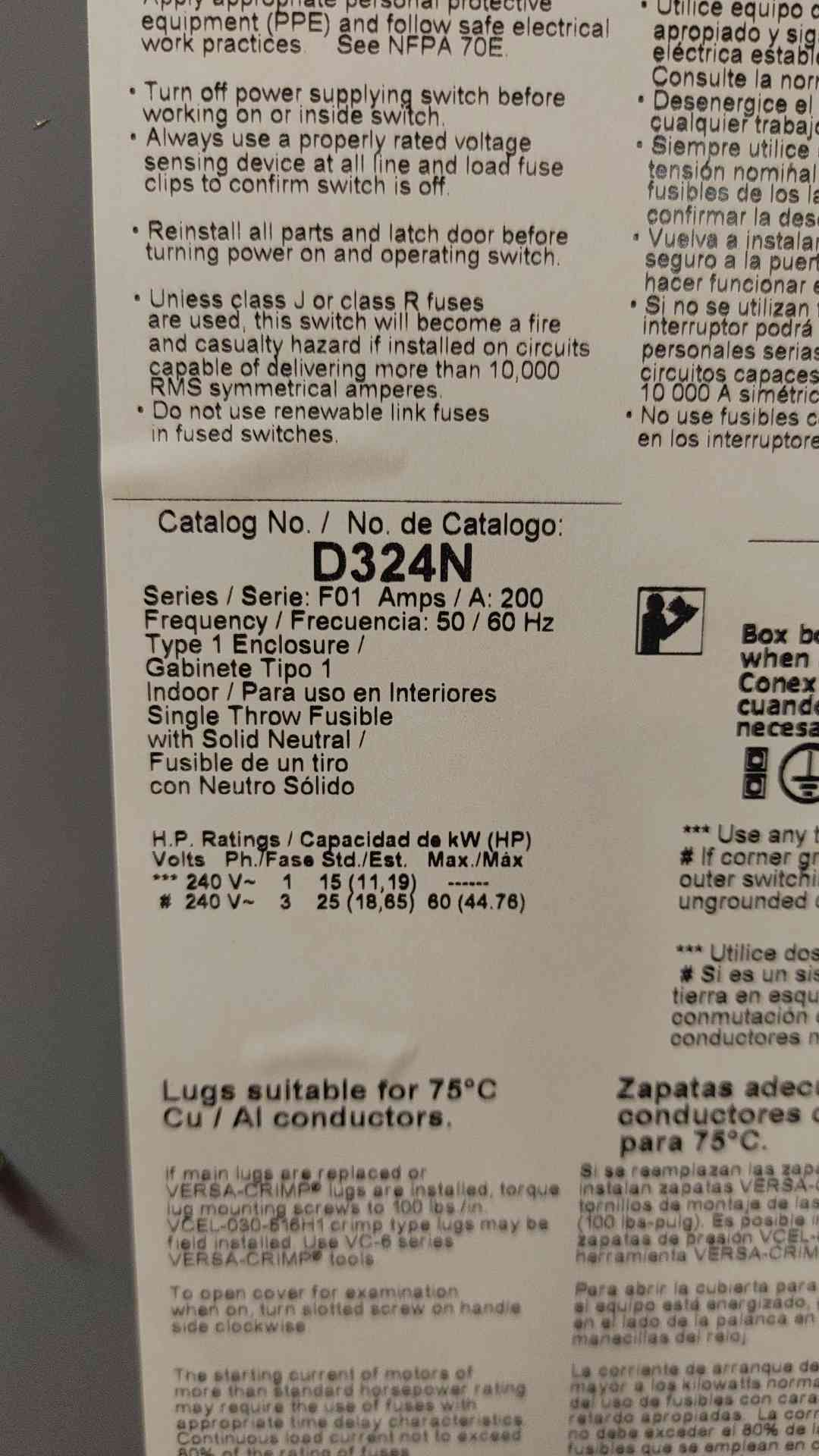 Square D General Duty Safety Switch Fusible Interruptor 200A 240VAC D324N(104041)