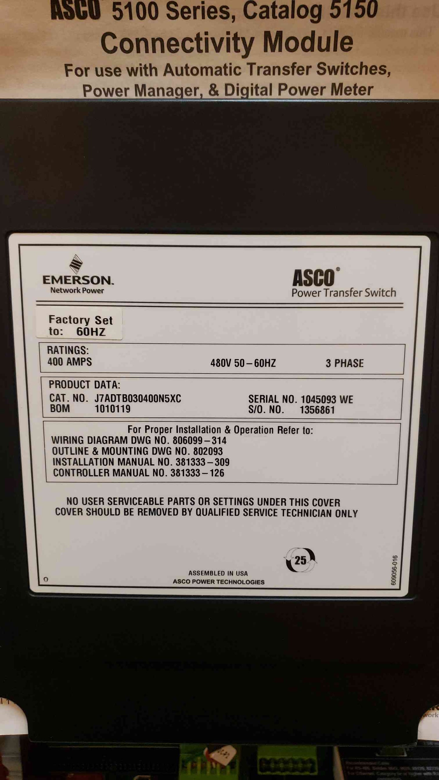 ASCO 7000 Series 400A 3PH Power Transfer Switch ATS(104129)