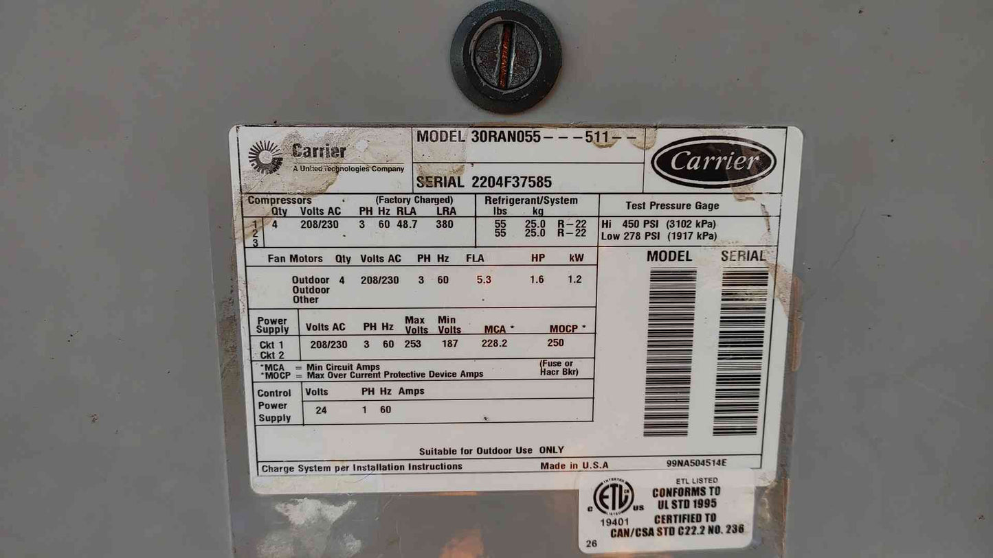 30 Ton Carrier AquaSnap 4 Fan Chiller 208/230VAC 3PH 30RAN055 (104202)-4