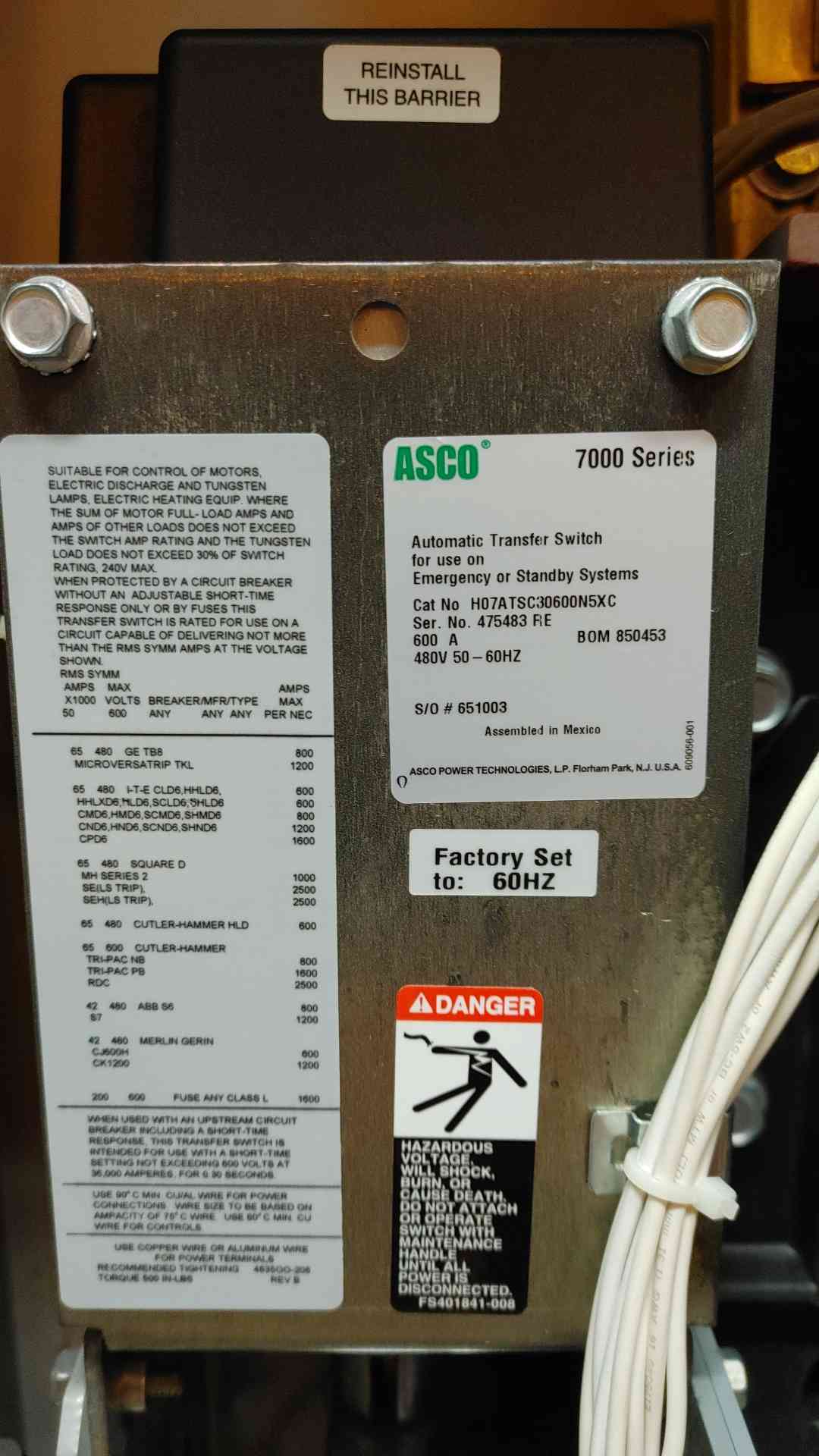 ASCO 7000 Series ATS 600A 480V 3PH H07ATSC30600N5XC(104462)