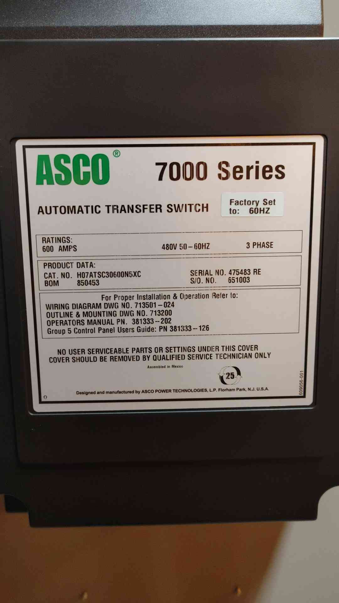 ASCO 7000 Series ATS 600A 480V 3PH H07ATSC30600N5XC(104462)