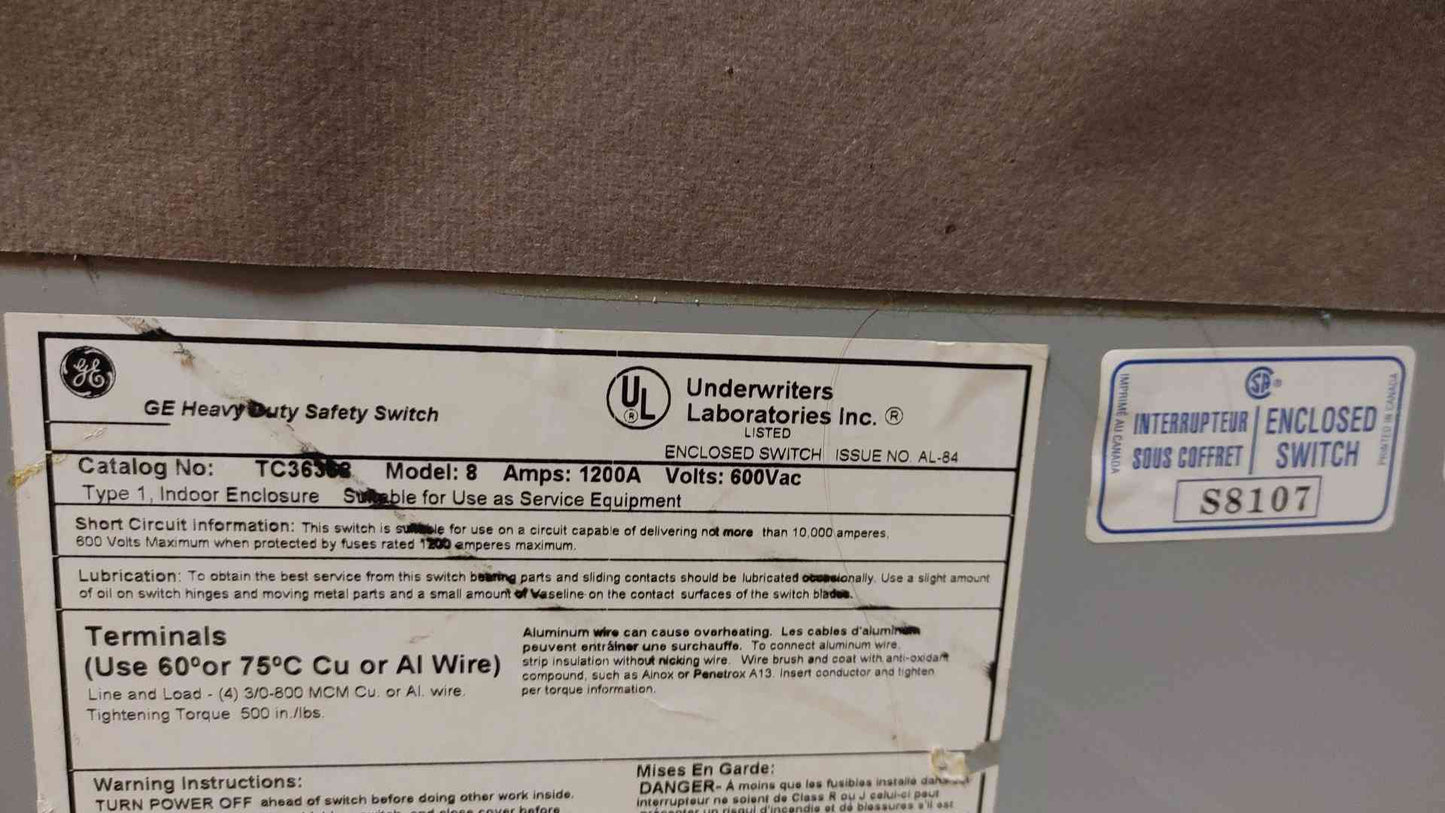 General Electric Indoor Heavy Duty Safety Switch 1200A 600VAC TC36368(104480)