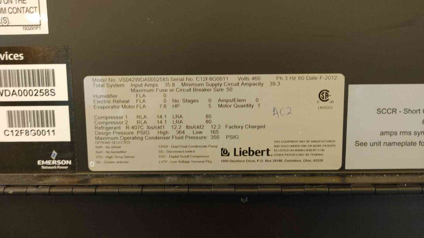 Liebert CRAC 12 Ton UPFLOW 460V 3PH VS042W Water / Glycooled(104567)