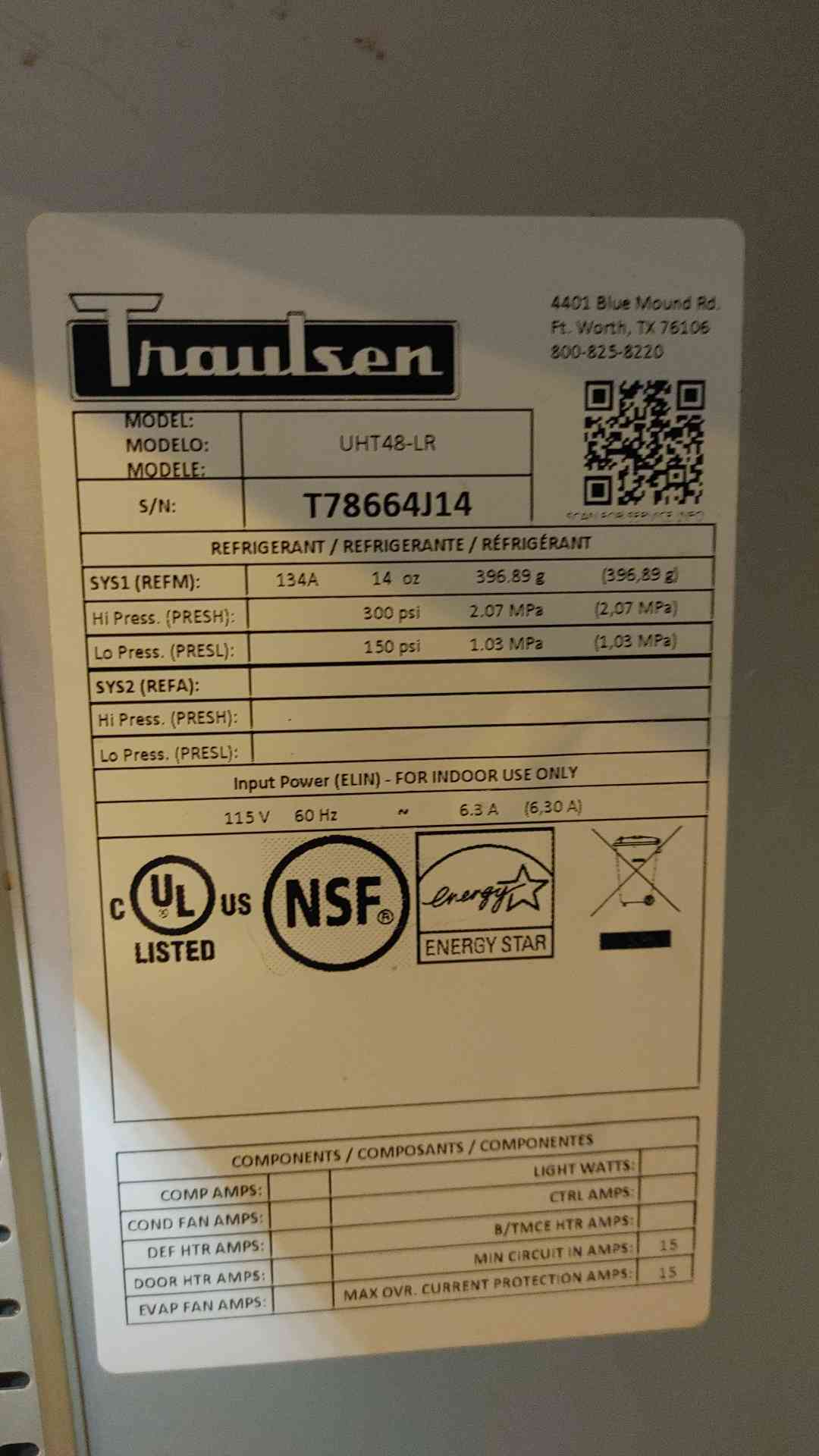 Traulsen Under Counter Refrigerator 115V 6.3A UHT48-LR