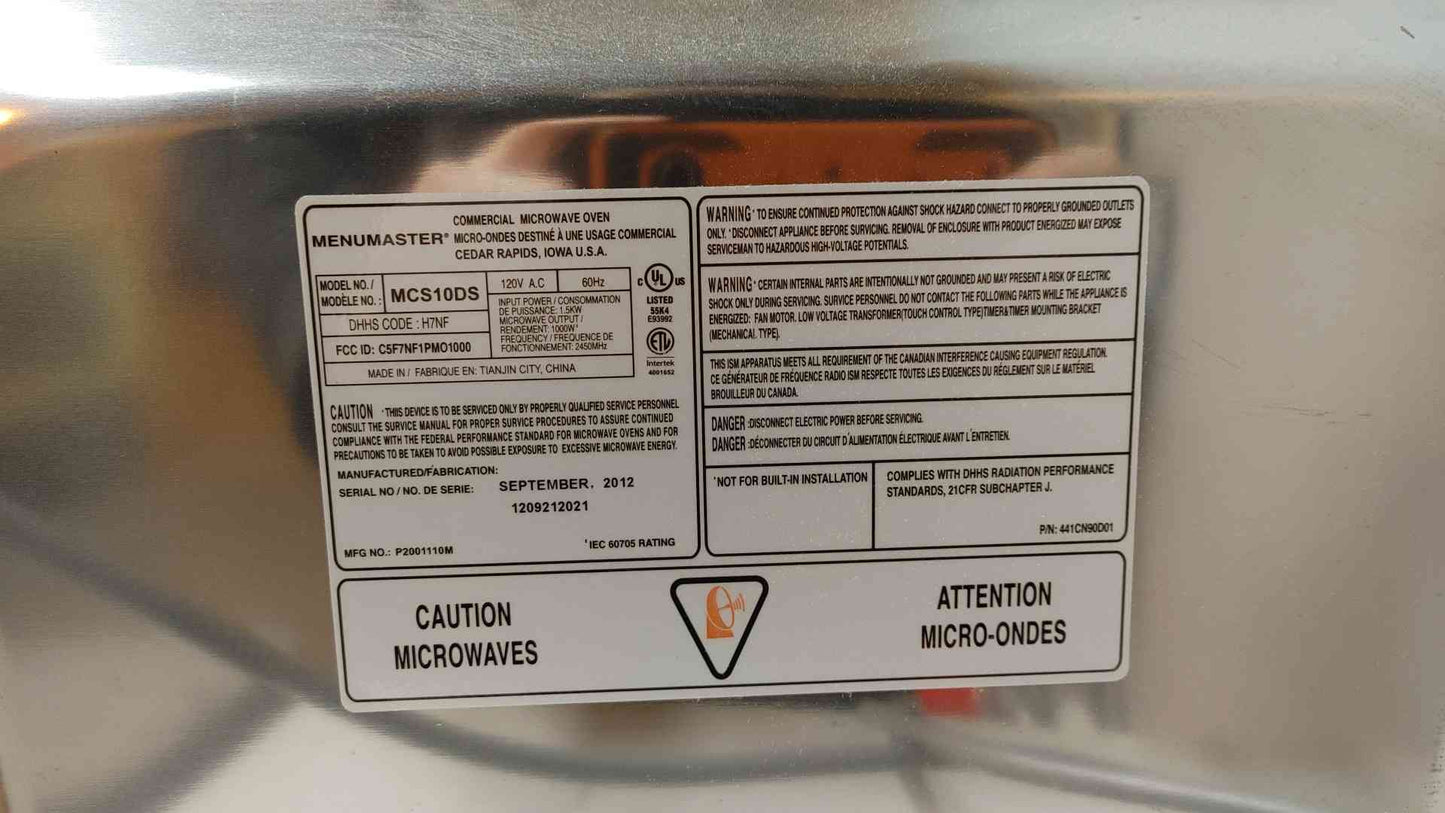 MenuMaster Commercial Microwave Oven 120VAC 1000W MCS10DS