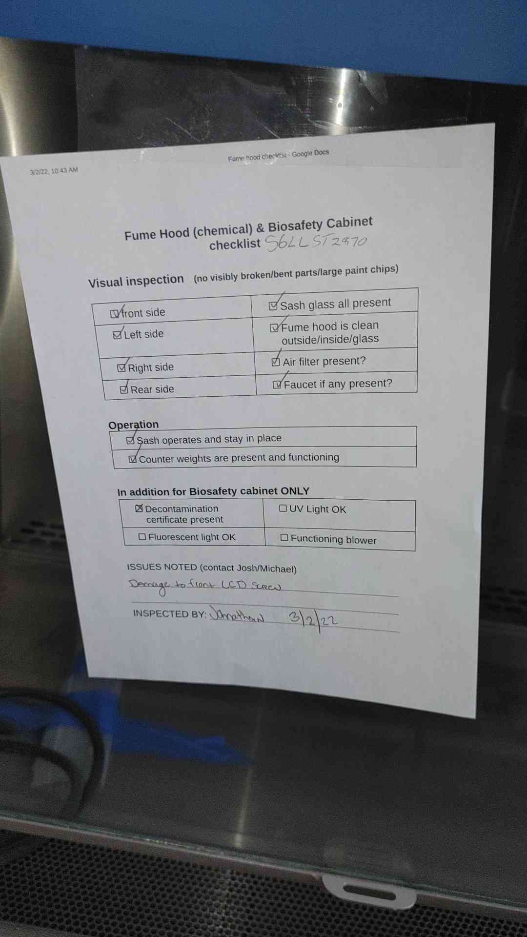 6' NUAIRE Biosafety Cabinet Fume Hood NU-425-600 Type A(S6LLST2870)