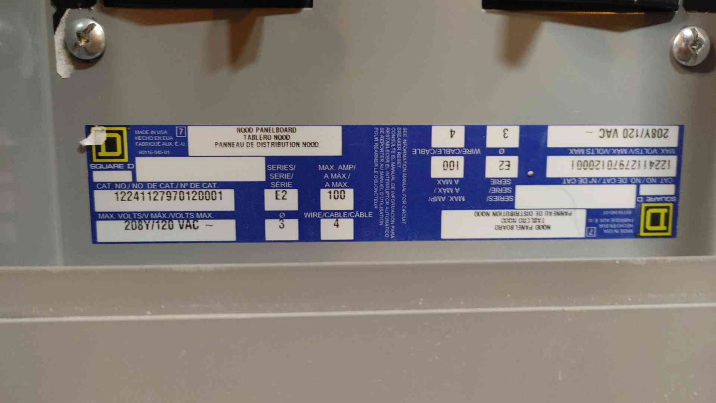 Square D NQOD Breaker Panelboard 100A 3PH 4W 208Y/120VAC 12241127970120001 w/ Main