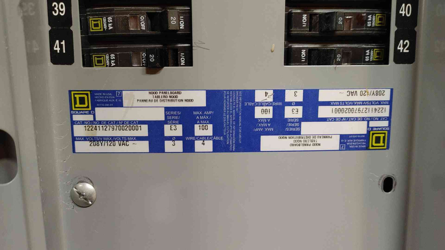 Square D NQOD Breaker Panelboard 100A 3PH 4W 208Y/120VAC with Main