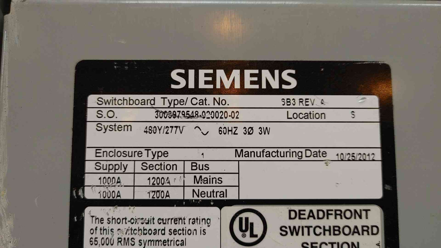 1000A Siemens Switchboard 480Y/277V 3PH/3W 3x 1000A Mains 12x Distribution 4x 300A Sub Feeds