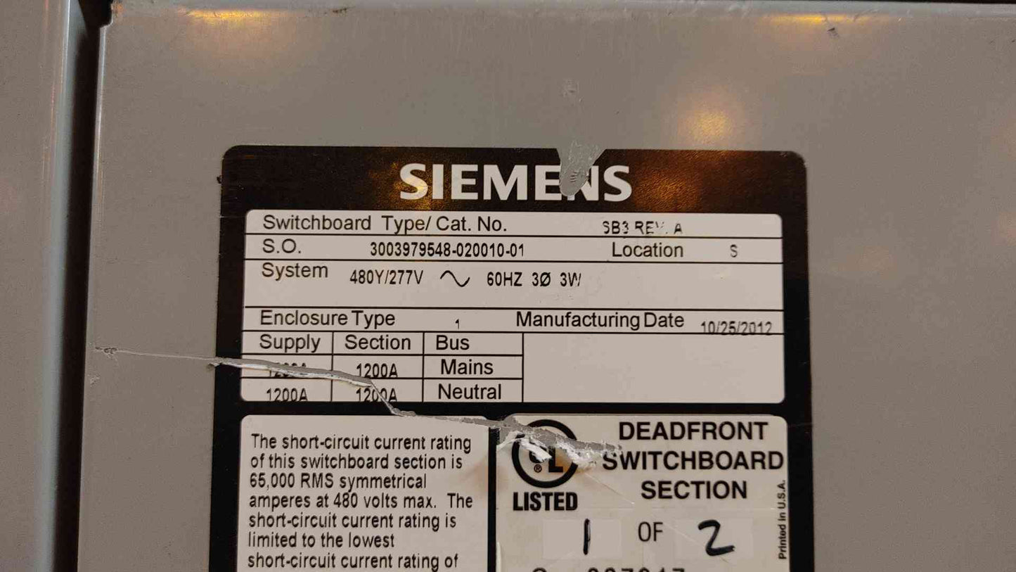 1000A Siemens Switchboard 480Y/277V 3PH/3W 3x 1000A Mains 12x Distribution 4x 300A Sub Feeds