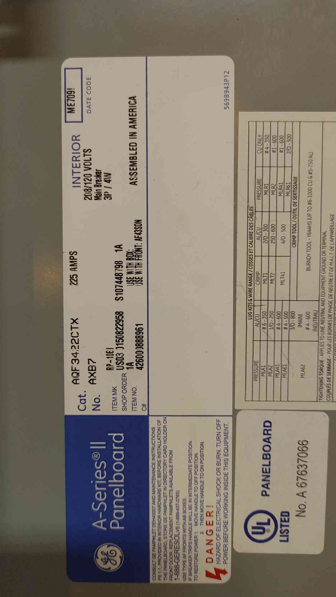 GE A Series 2 Panelboard 225A 208Y/120V 3PH 4W AXB7 w/ Main