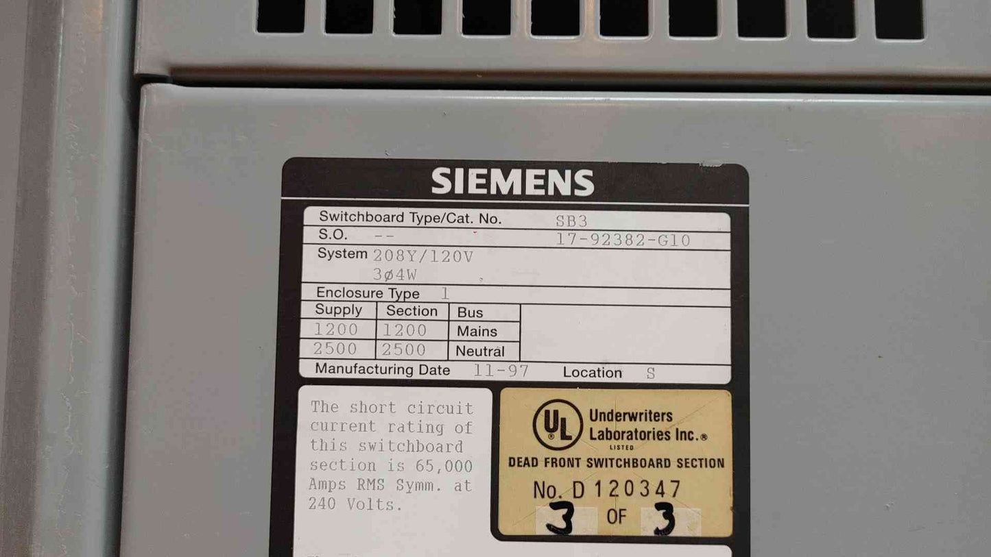 Siemens 1200A 3 Section Switchboard 208Y/120V 3PH 4W SB-3 Main & 10 Breaker