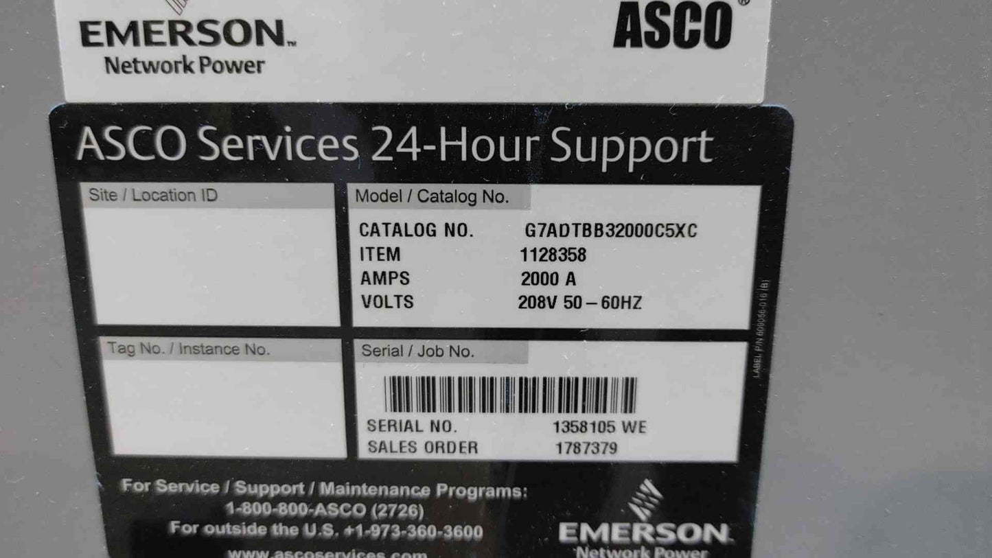 2000A 208V ASCO 7000 Series Transfer & Bypass ATS G7ADTBB32000C5XC Emerson