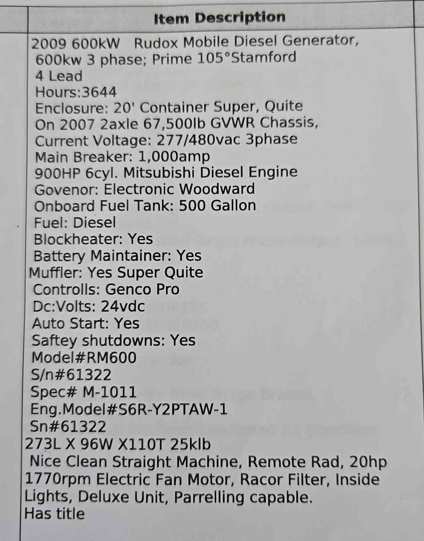 600KW Mobile 900HP Mitsubishi Diesel Generator Rudox 3644Hrs TESTED '09