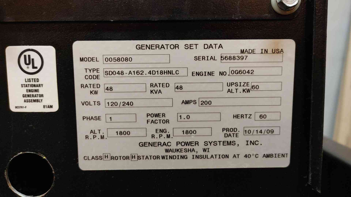 48KW 50KW Generac John Deere 4024 Diesel Generator 1PH 422Hrs '09 TESTED