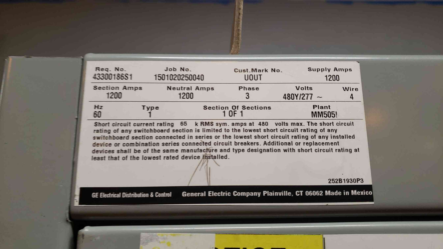 GE Spectra Panelboard 1200A 3PH 4W 277/480v 4 Breakers & Main (108126)