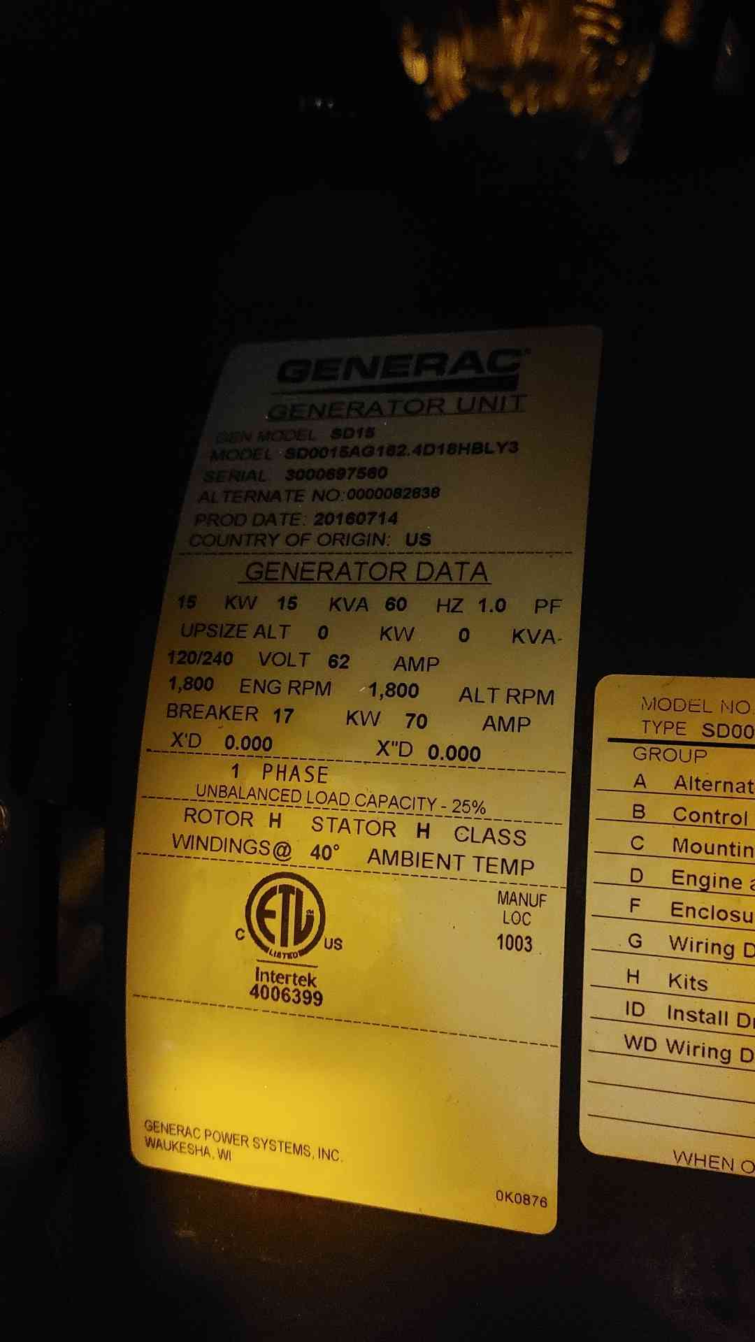 15KW Generac Generator Diesel 120/240V 1PH SD15 LOAD TESTED (108312)