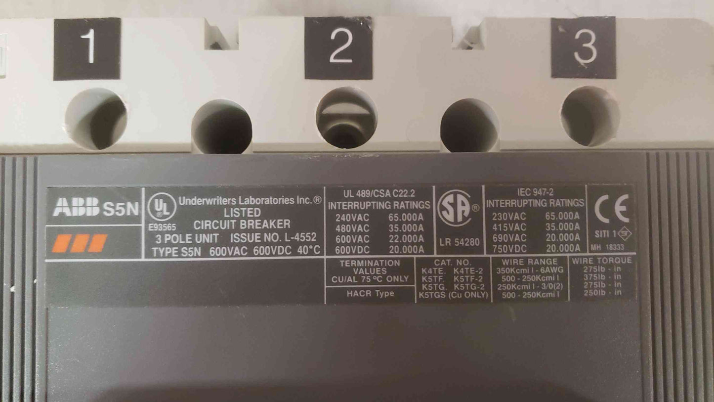 ABB SACE S5N 300A 600VAC 600VDC 3 Pole Breaker (SKU: 108415)