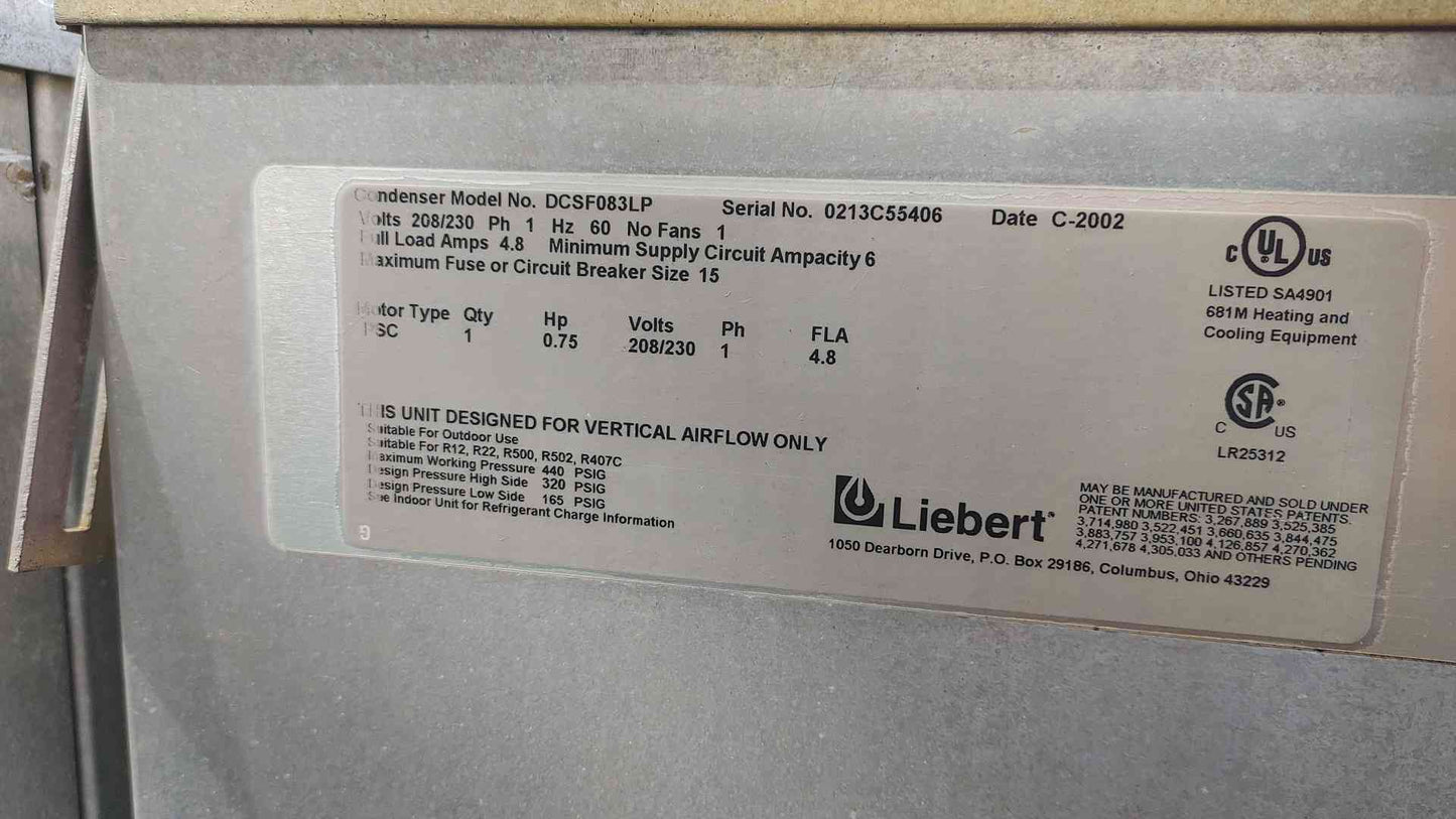 Liebert 1 Fan Condenser 208/230V 1PH .75HP DCSF083LP (108419)