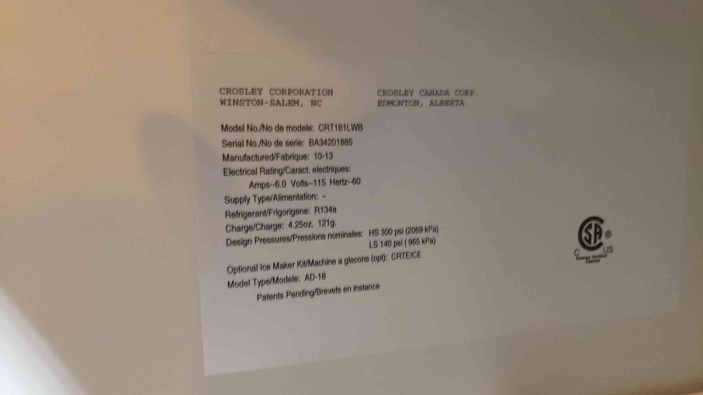 Crosley Refrigerator Freezer Combo 115V 6A R134A CRT181LWB (107380)