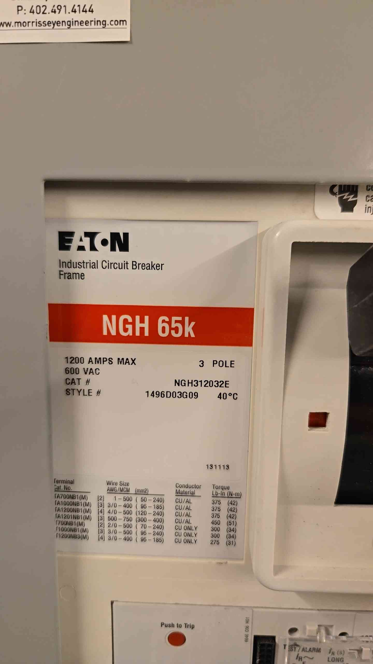 1200A Eaton Pow-R-line 480V Switchgear 3 Section 2 Mains Meter & 19 Breaker NGH65K NGH312032E