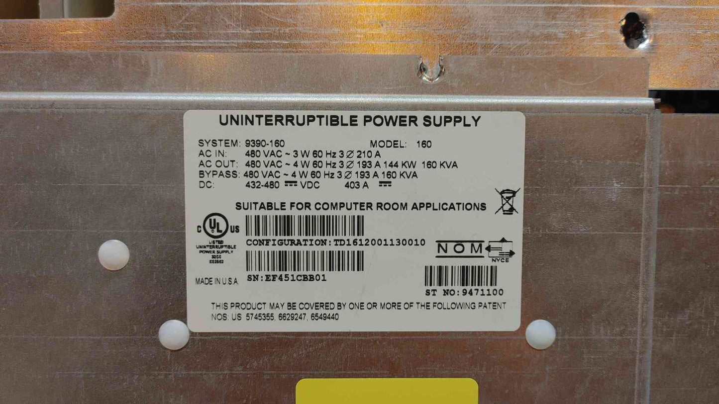 Eaton UPS 160KVA 480V 3PH 3W 9390-160 2012 AS IS for Parts (SKU:108204)