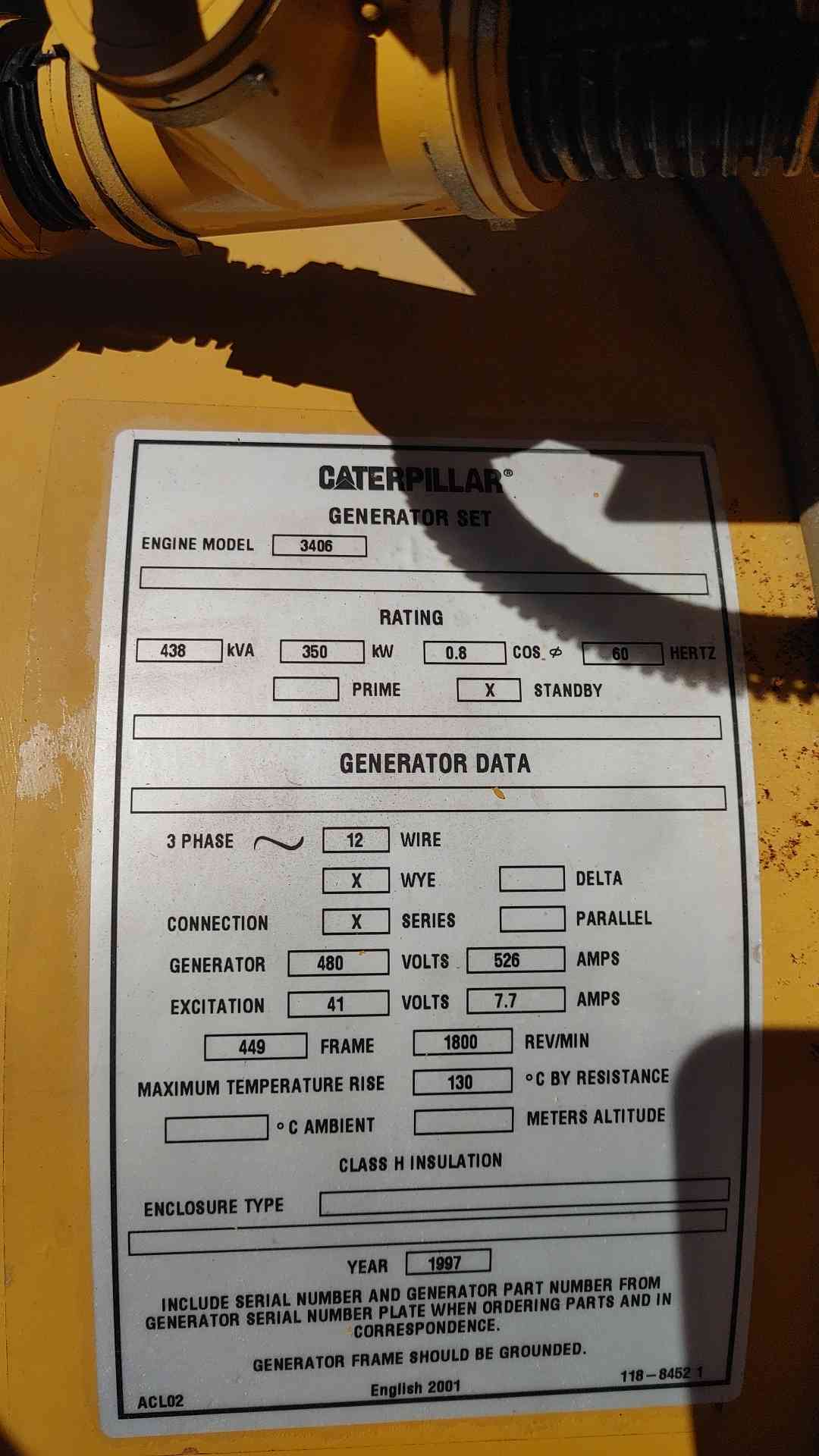 350KW Cat 3406 Caterpillar Generator 498Hrs Diesel '97 LOAD TESTED (108790)