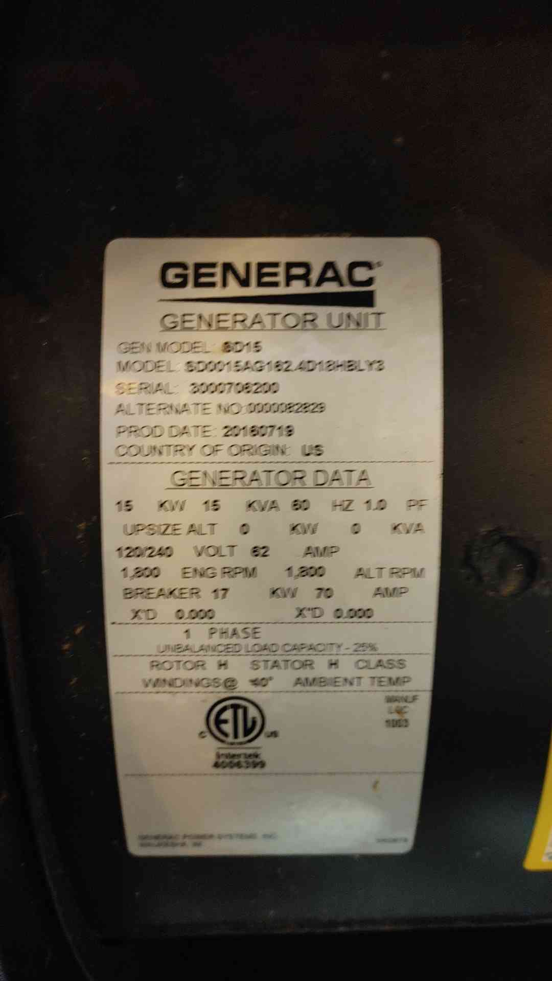 15KW Generac Generator Diesel 1PH Diesel 233Hrs SD15 A2400 Engine LOAD TESTED (108791)