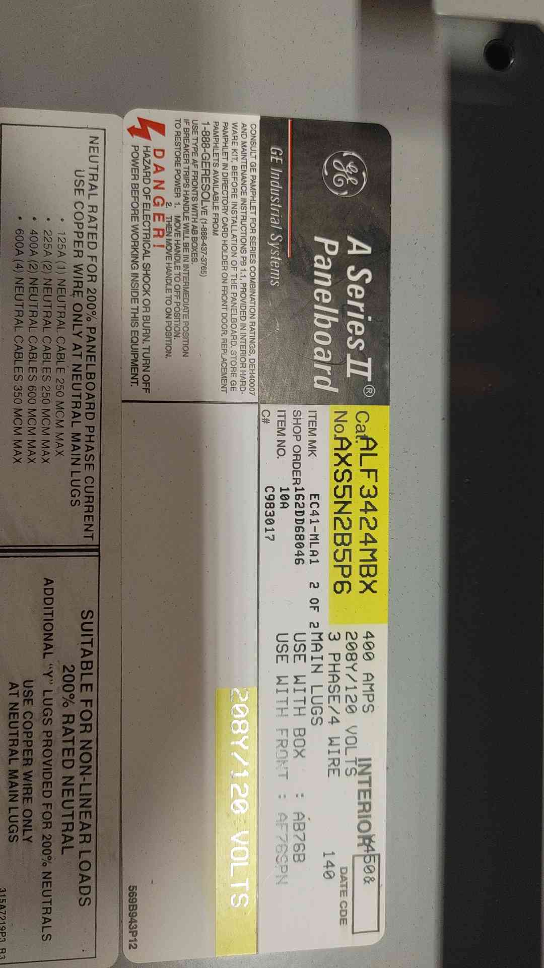 GE A Series 2 Panelboard ALF3424MBX 400 AMP 208/120 VOLTS 3 Phase 4 Wire (108919)