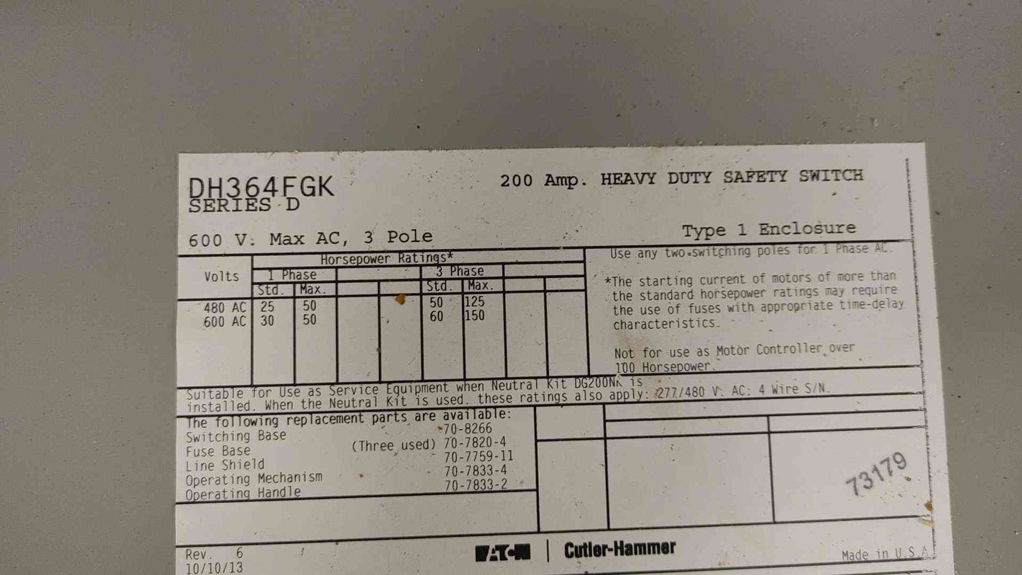 Eaton Cutler-Hammer Heavy Duty Fused Safety Switch 200A 600VAC DH364FGK (108929)