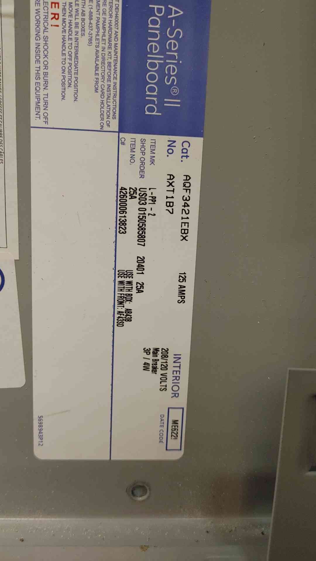 General Electric A Series 2 Panelboard 125 Amp 208 Volt 3 Phase 4 Wire (108967)