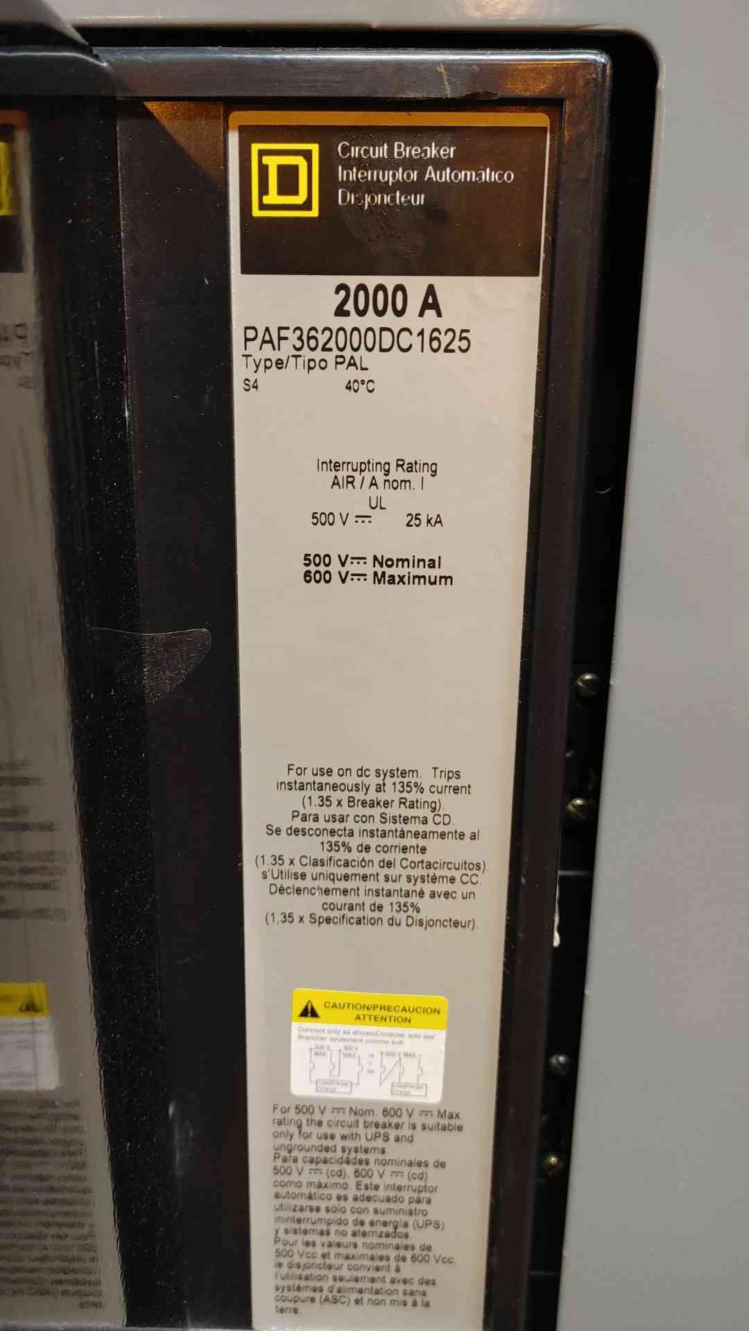 2000A QED Square D Power Style Switchboard Disconnect 500VDC 2000 Amp (108940)