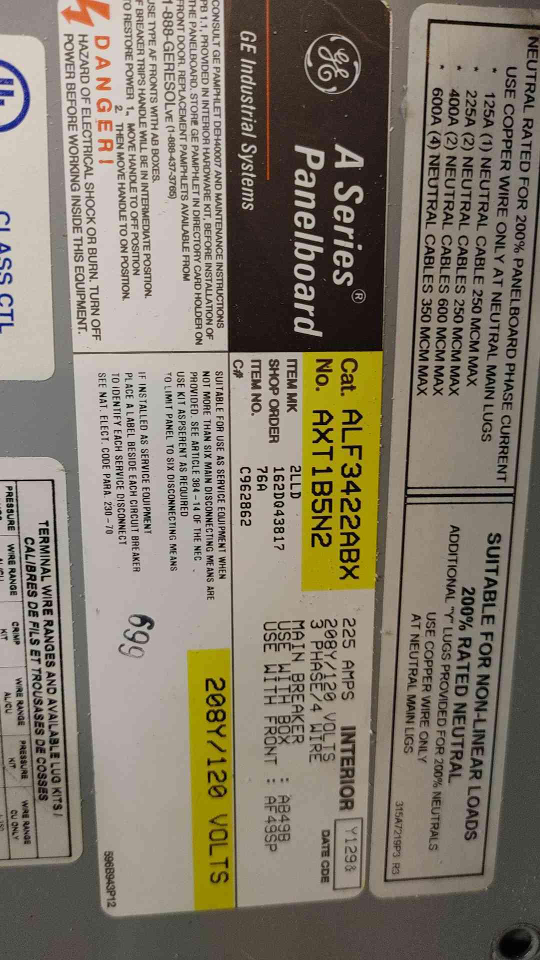 GE A Series Panelboard 225A 208V 3 Phase 4 Wire with Main (108945)