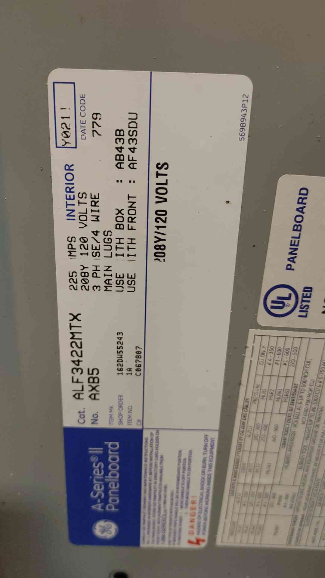 General Electric A Series 2 Panelboard 225 Amps 208/120V 3 Phase 4 Wire (108947)