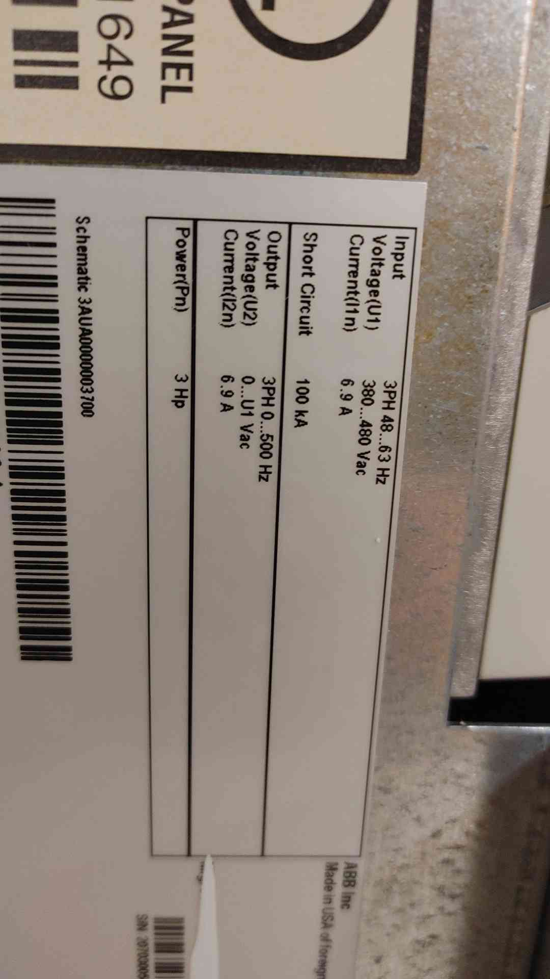 3HP ABB VFD 480 VAC 6.9 Amp ACH550-PD-06A9-4 (108950)