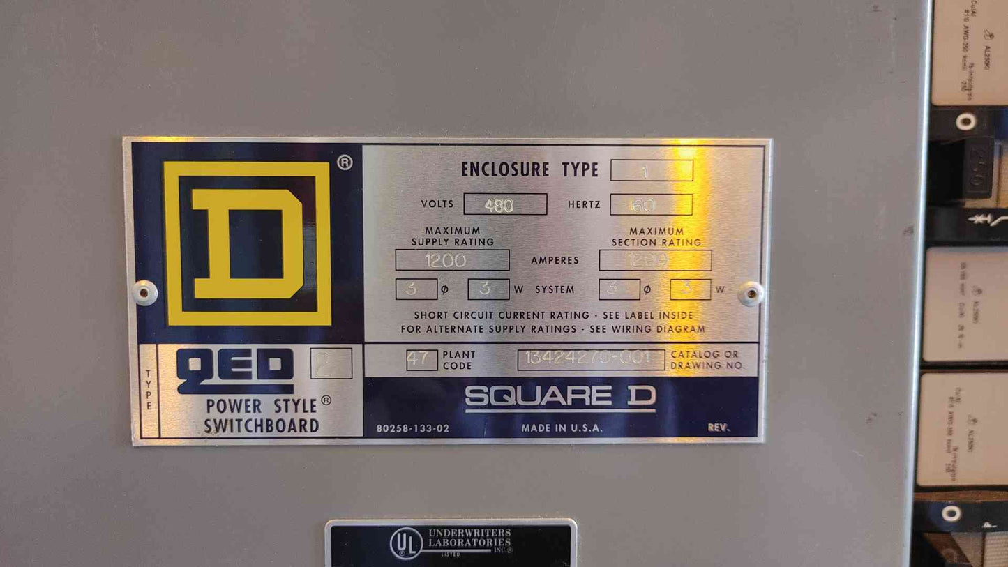 1200A QED Square D Power Style Switchboard 3PH 3W 480V 22 Installed Breakers (108562)