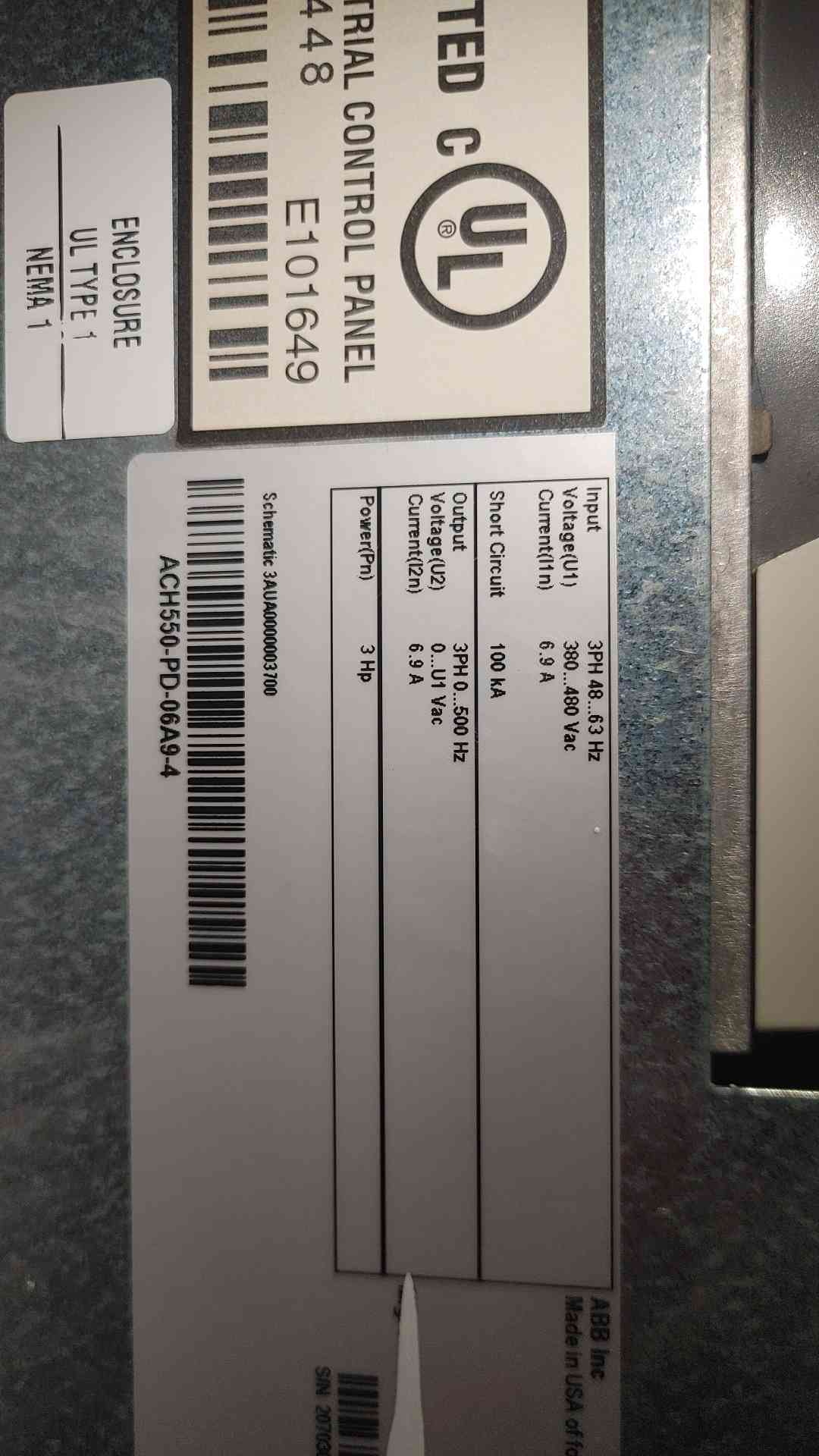 3HP ABB VFD 480 VAC 6.9 Amp ACH550-PD-06A9-4 (108950)