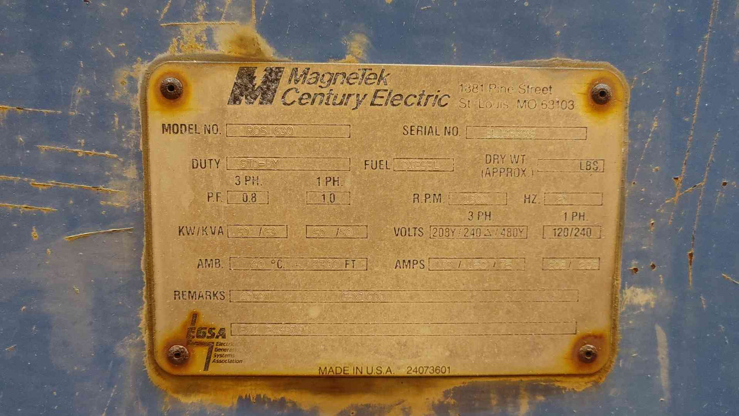 50KW Magnetek RDS630 Generator John Deere 4039 Diesel 1&3PH 976Hrs TESTED (109020)