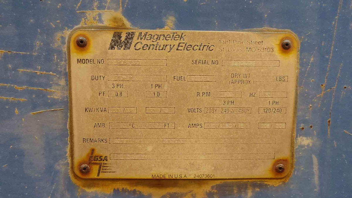 50KW Magnetek RDS630 Generator John Deere 4039 Diesel 976Hrs TESTED (109020)