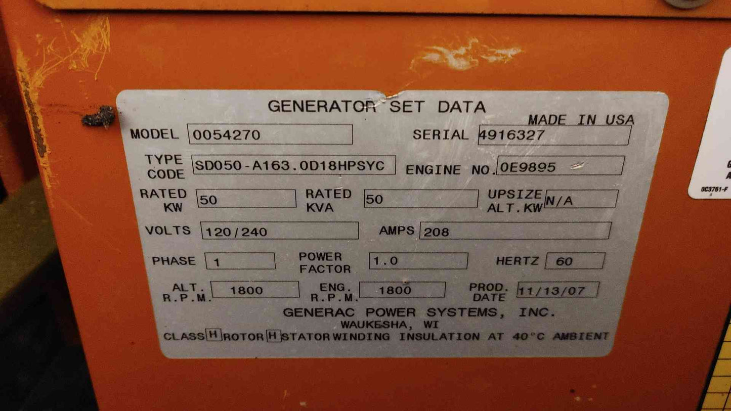 50KW SD050 Generac John Deere Diesel Generator 1Ph 782Hrs TESTED (109032)